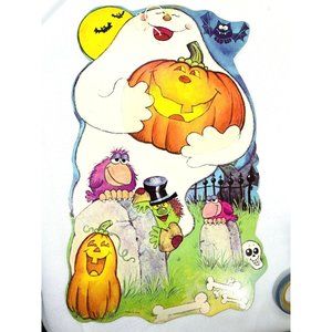 Vintage 15” Die Cut Halloween Decoration Friendly Ghost Graveyard Double Sided